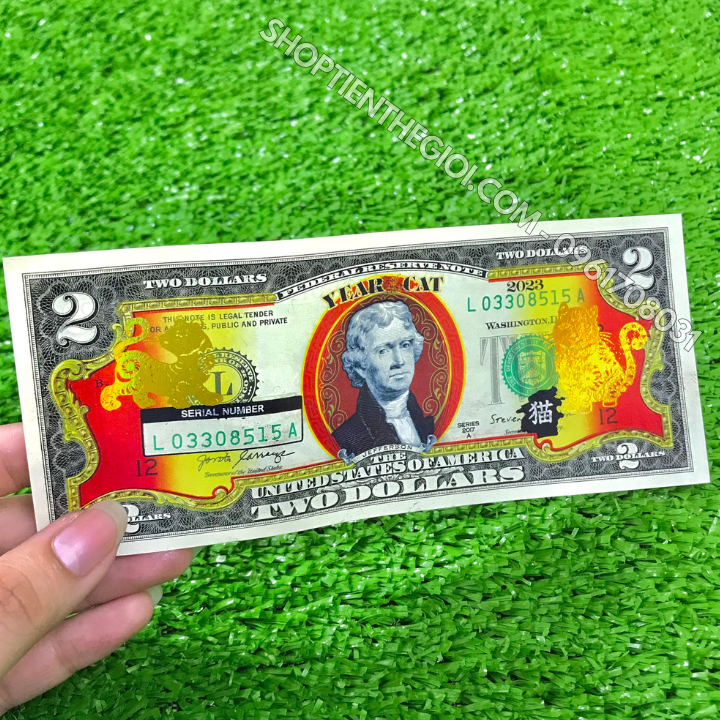 Tiền 2 USD Hình Con Mèo Mạ Vàng 2023 (Mẫu 2 Mèo Đứng)